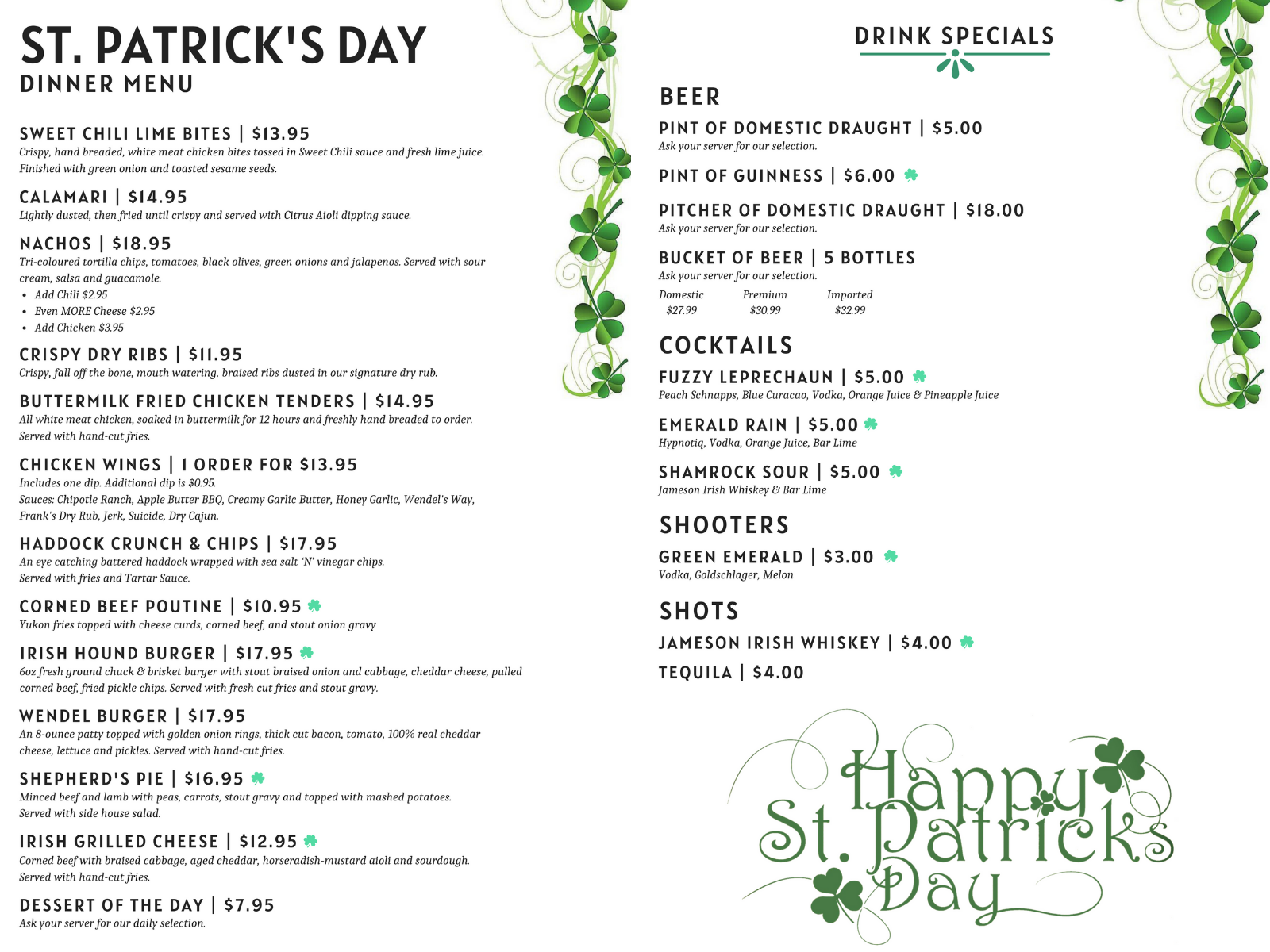 WC St. Patrick's Day Menu